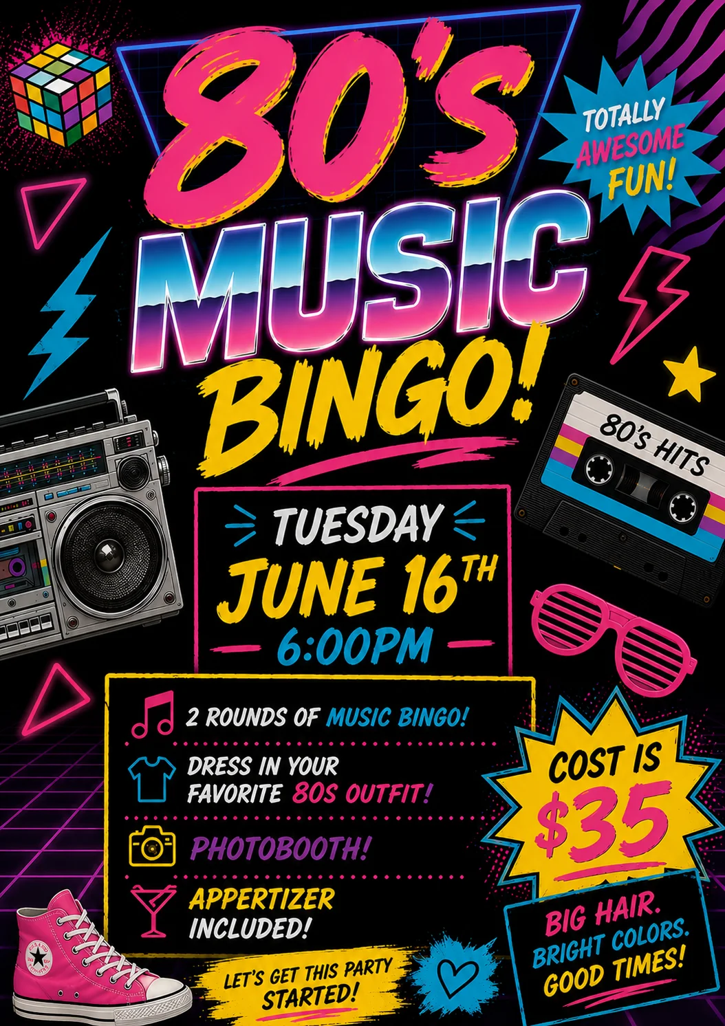 80's Music Bingo event poster with vibrant colors and retro graphics.