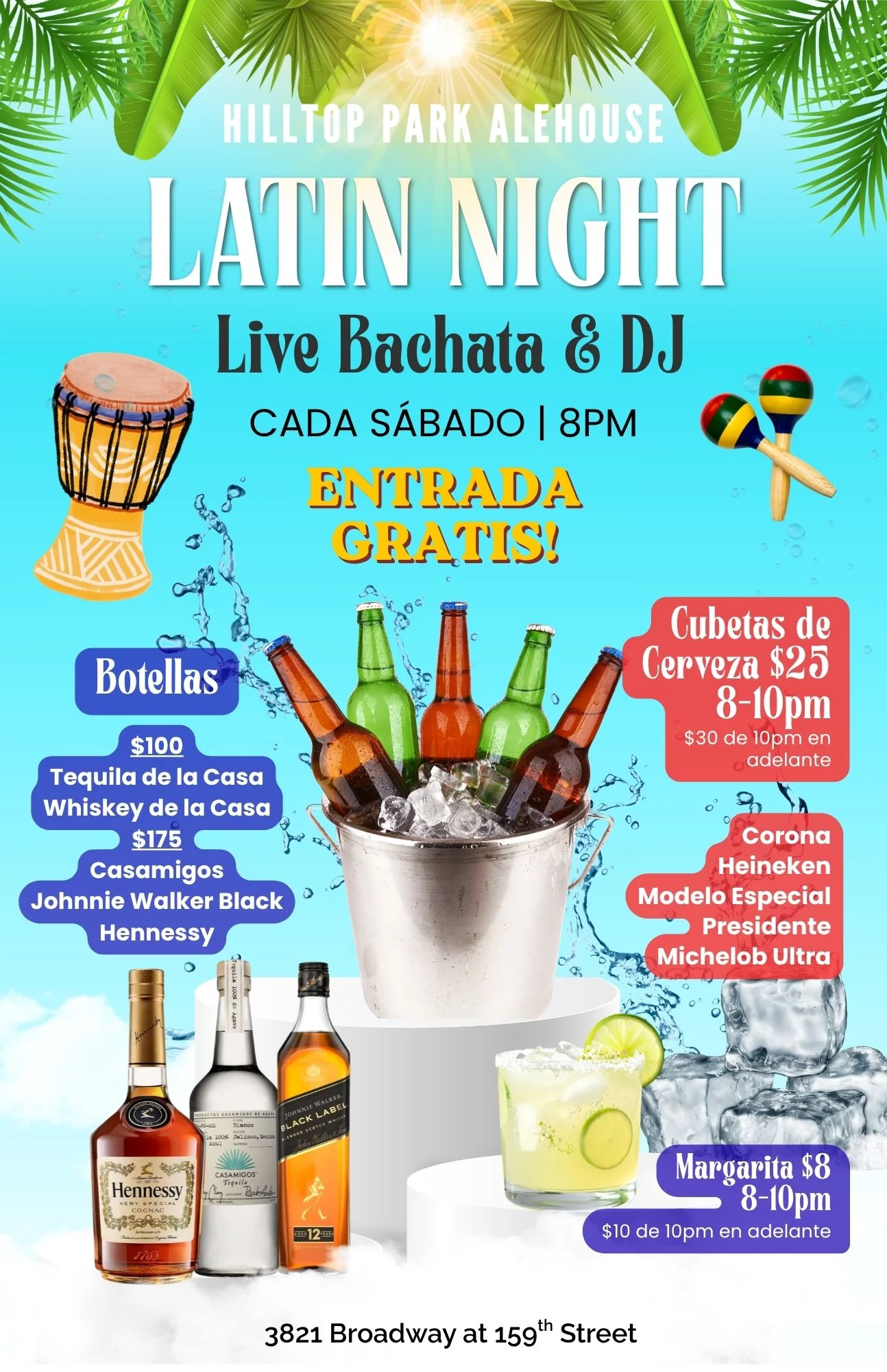Colorful Latin Night restaurant event flyer with bachata, DJ, drinks, and free admission