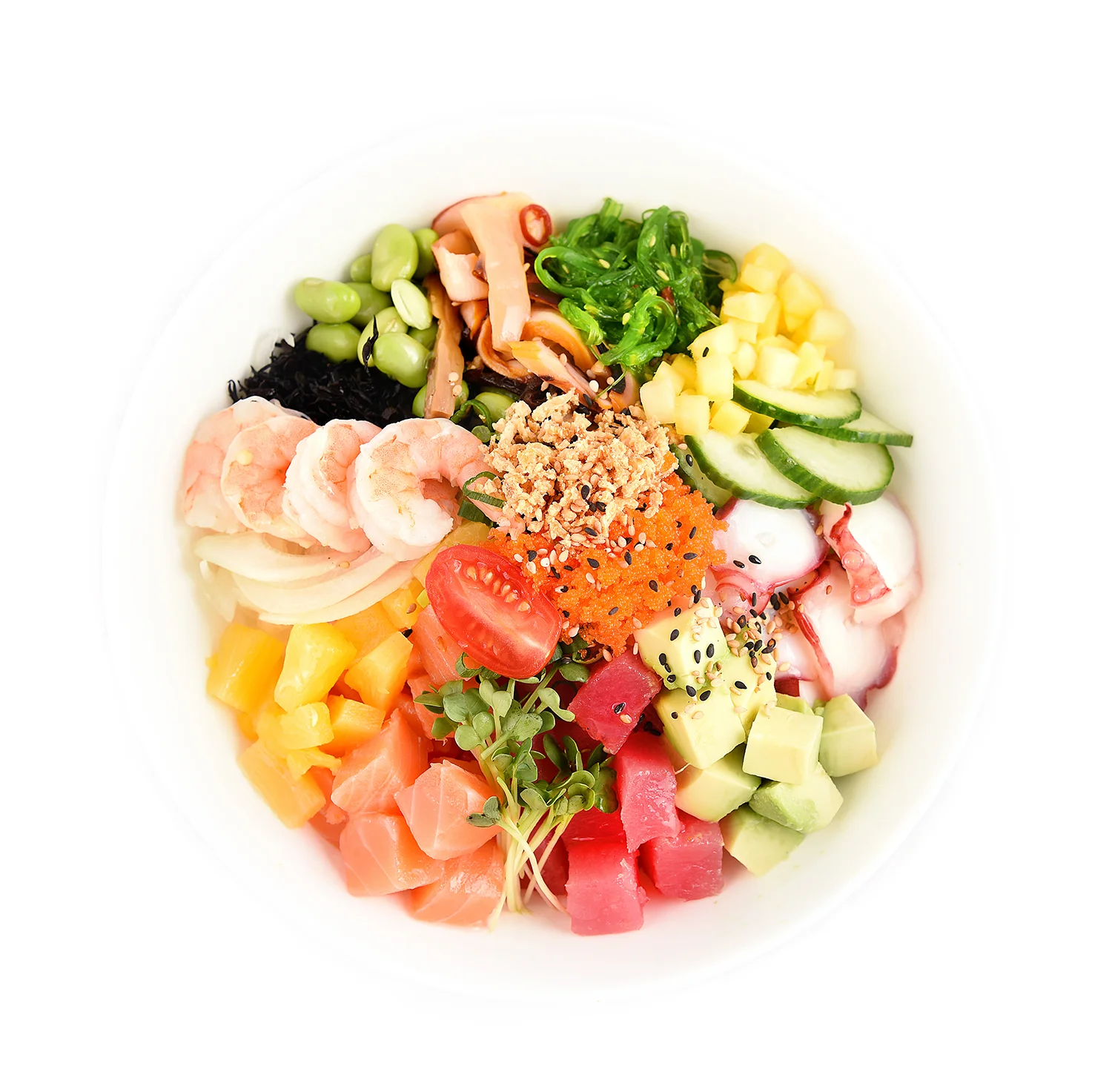 Colorful Japanese chirashi sushi bowl with fresh seafood and vegetables