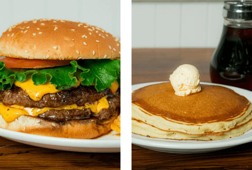 A delicious cheeseburger with lettuce and pancakes topped with ice cream.