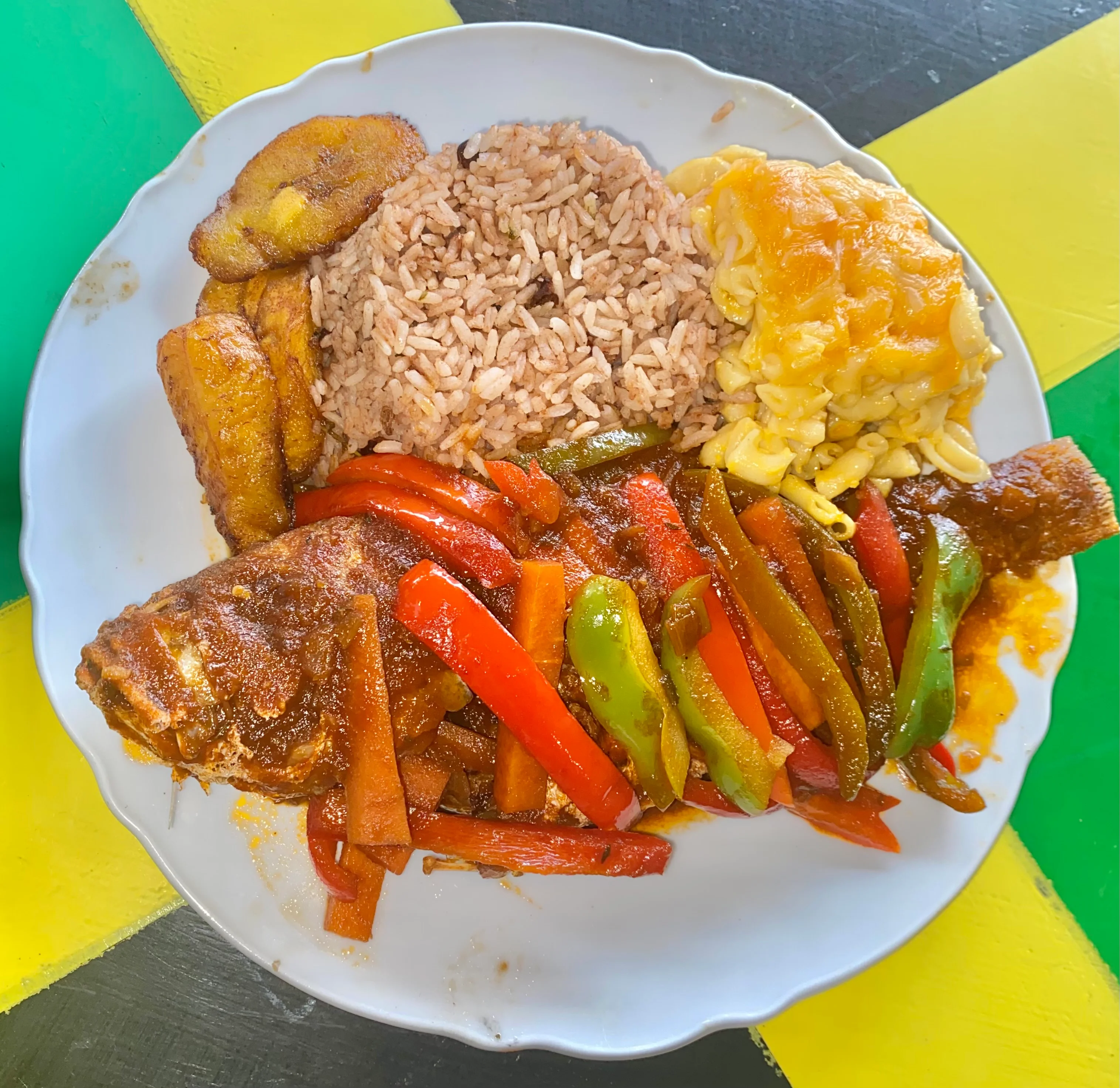Jamaican escovitch fish with rice and peas