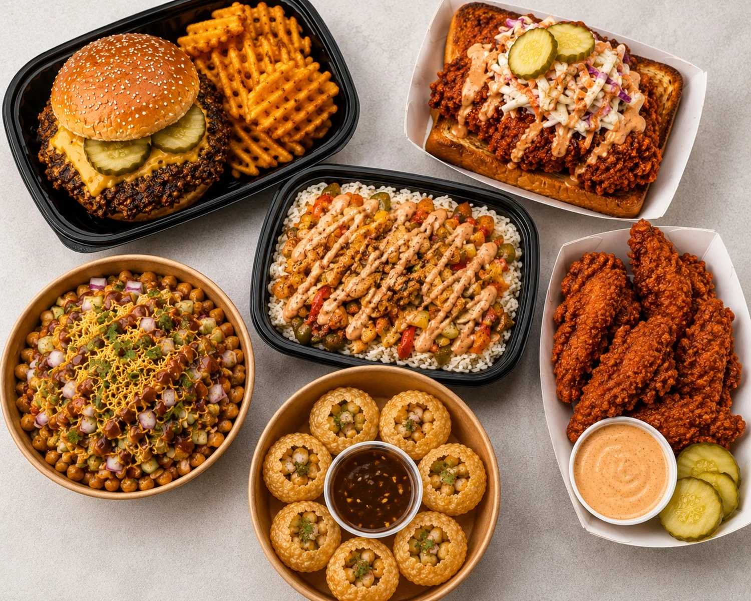 A platter of fried chicken tenders served with pickles, French fries, coleslaw, and dipping sauces.