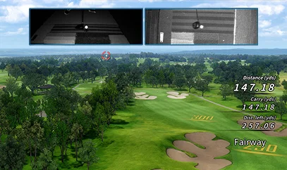 Golf course aerial view with distance and carry metrics displayed.