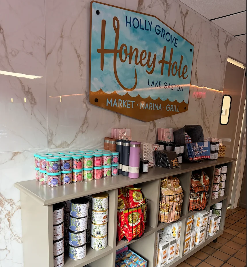 Display of products at Holly Grove Honey Hole market and grill.