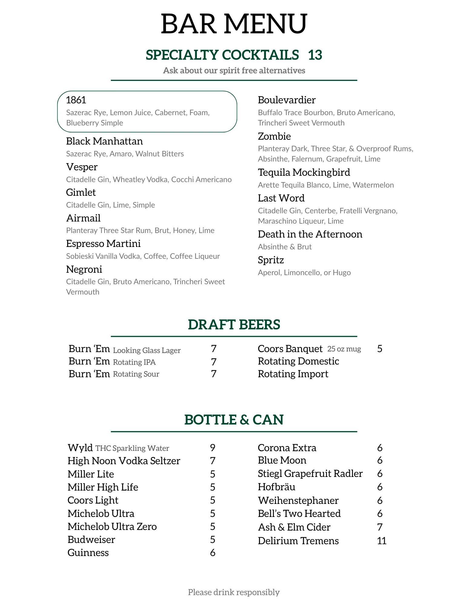 Bar menu page featuring various drink options and prices.