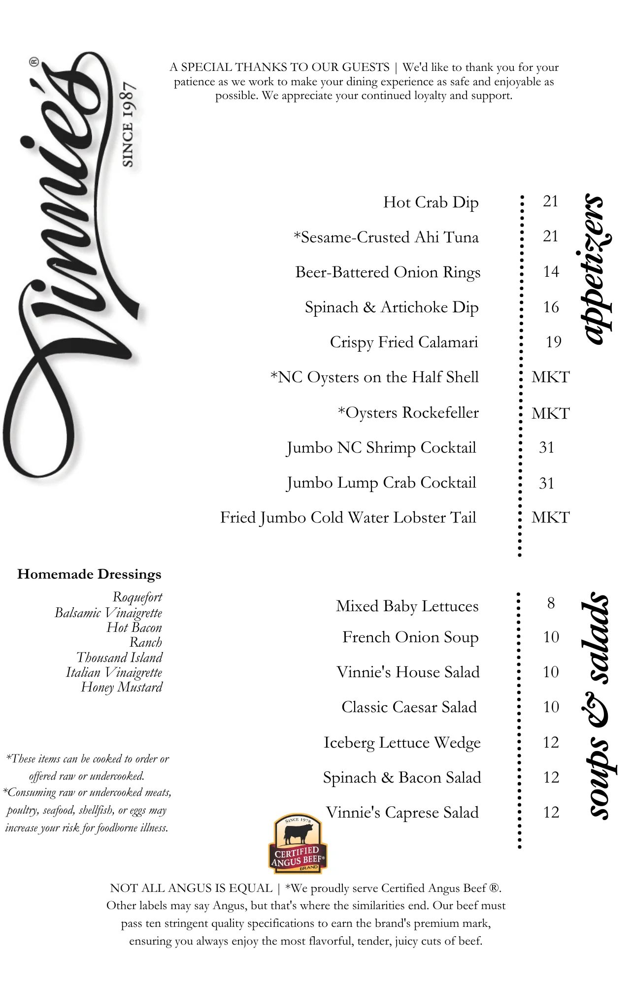 Appetizer menu featuring seafood and salads at a restaurant