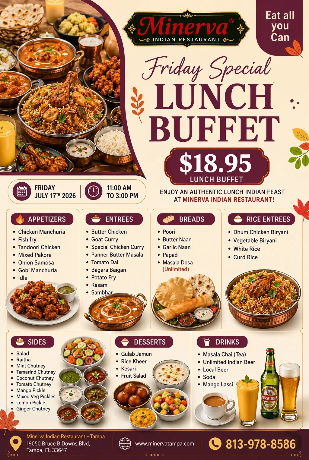 Authentic Indian dinner buffet featuring Chicken Dum Biryani and Goat Rogan Josh