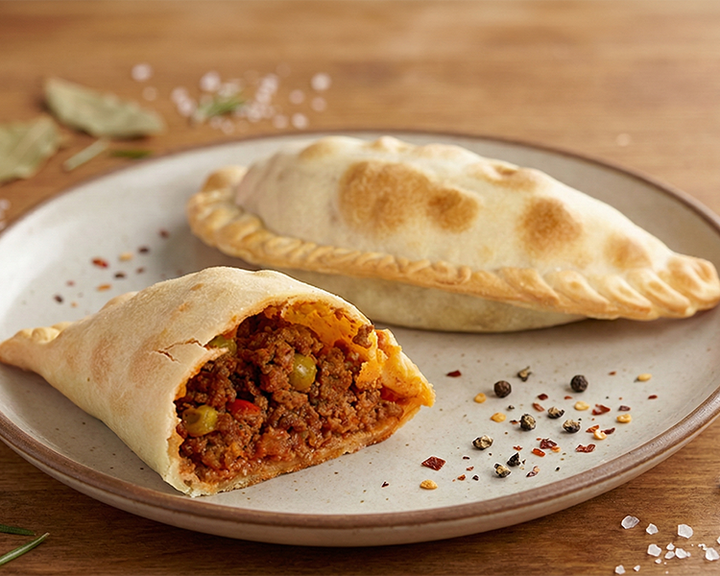 Two Gaucho Grill beef empanadas on a ceramic plate, one cut open to show the seasoned beef filling