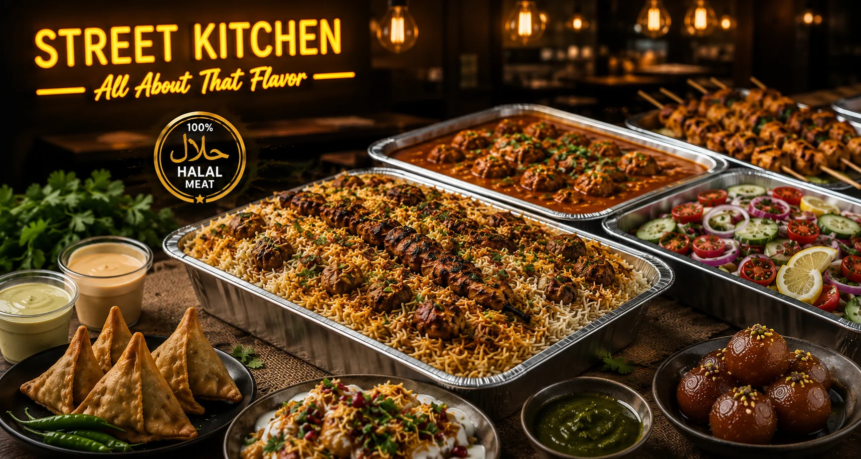 Assorted Indian street food platter with kebabs and burgers