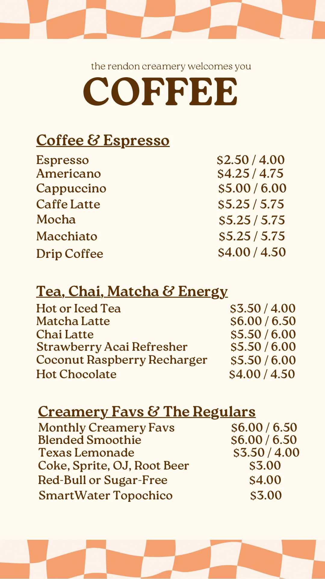 Coffee menu featuring espresso, lattes, and teas at a creamery