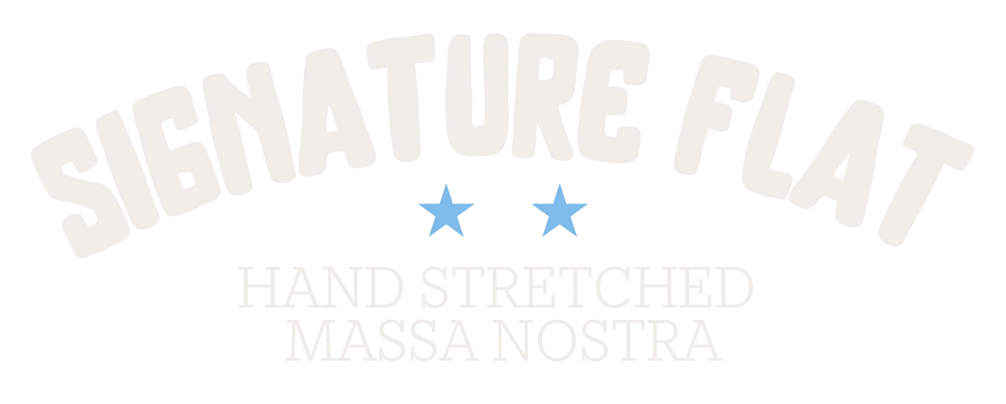 Signature flatbread logo with hand-stretched emphasis
