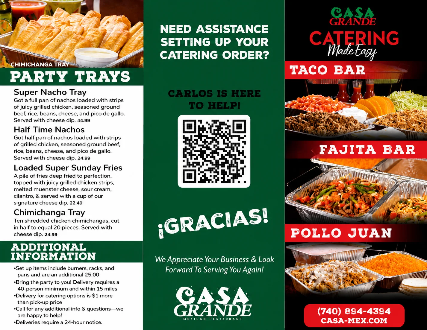 Catering menu featuring Mexican party trays and taco bar options