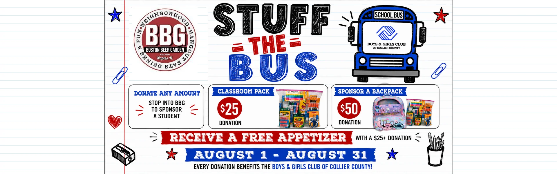 Promotional flyer for back-to-school offers at Boston Beer Garden