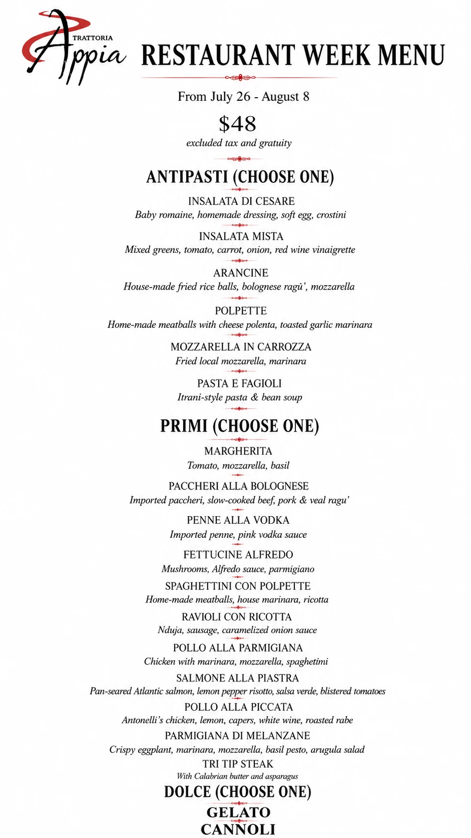 Italian restaurant week menu featuring antipasti, primi, and dolce selections