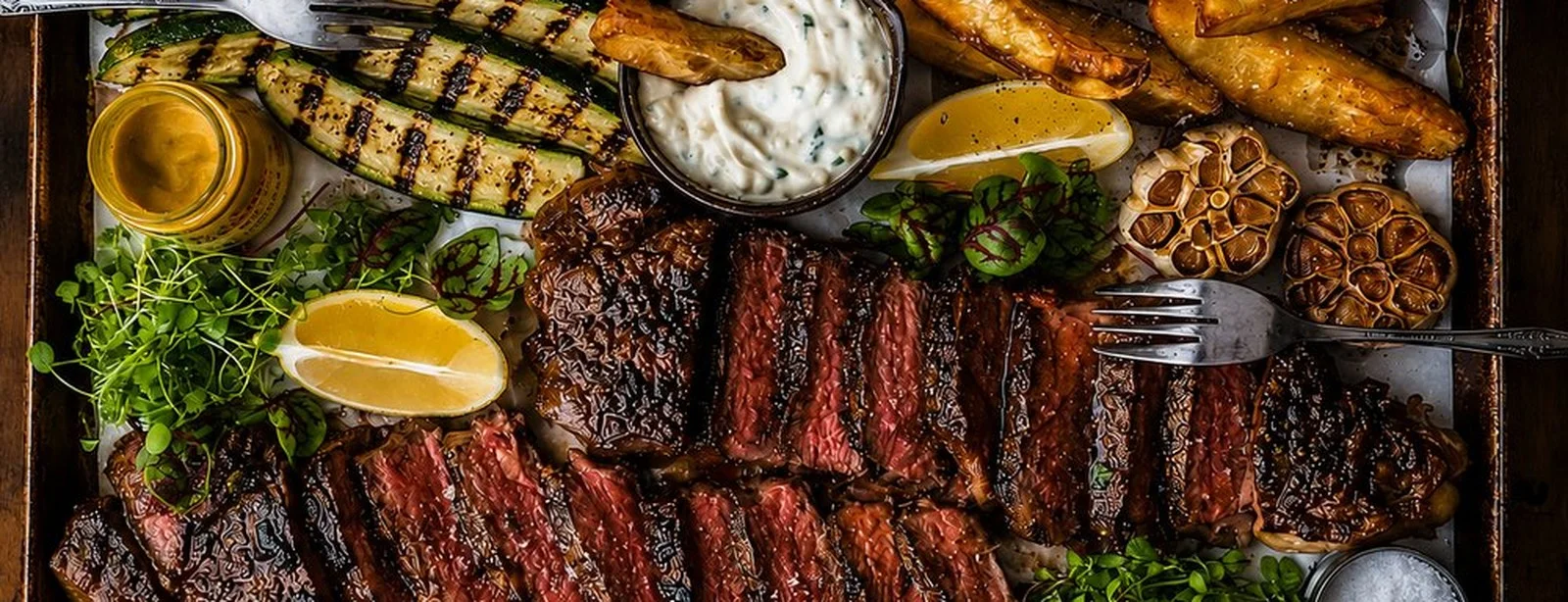 Mediterranean grilled steak platter with tzatziki and vegetables