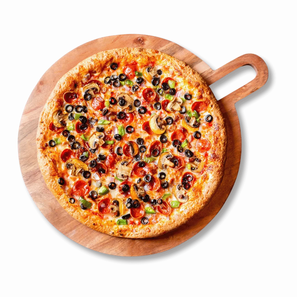 Delicious pepperoni pizza on a wooden serving board