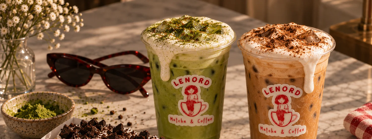 Matcha and coffee drinks with a dessert in a cozy café setting