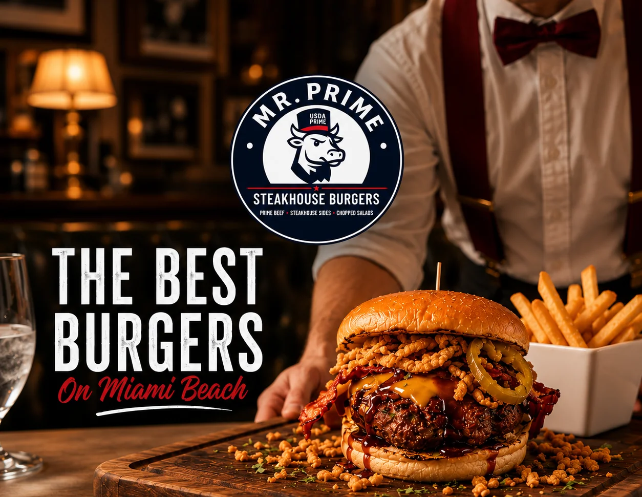 A variety of delicious burgers and sides on a wooden table.