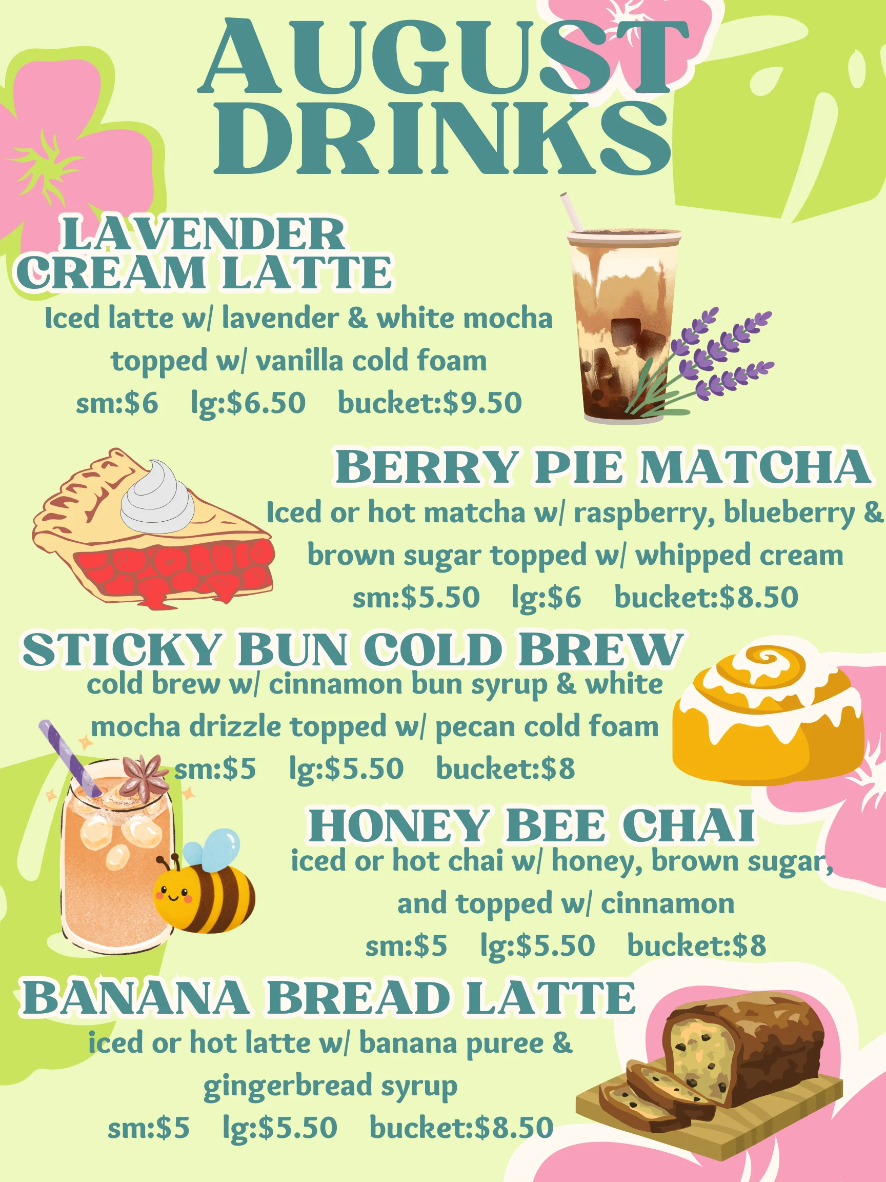 July drink specials menu featuring unique beverages