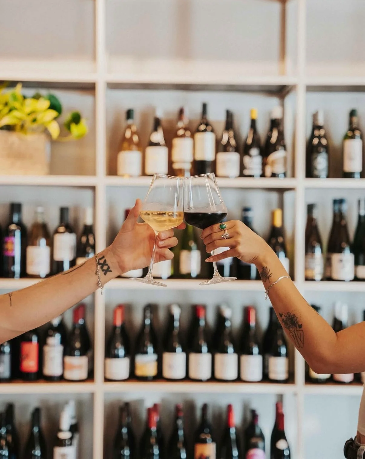 Cheers with white and red wine glasses in a cozy wine bar
