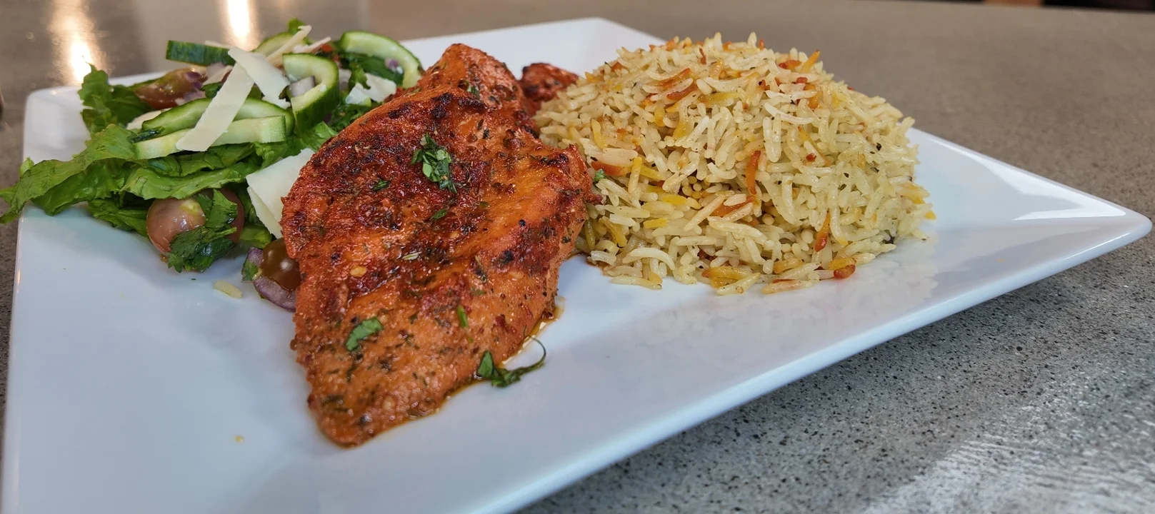 Chicken, Steak or Lamb entree, 2 Sides, Beverage