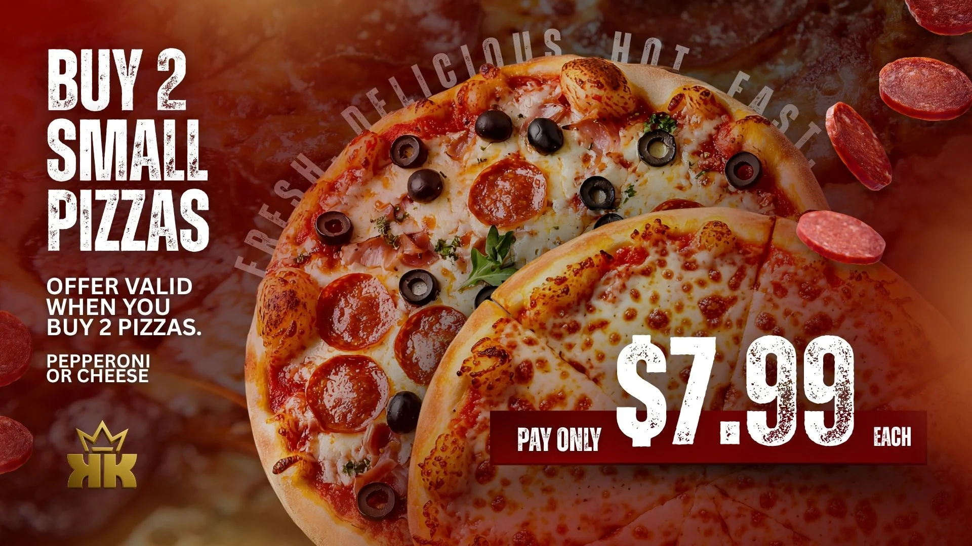 Two small pepperoni pizzas on a wooden table