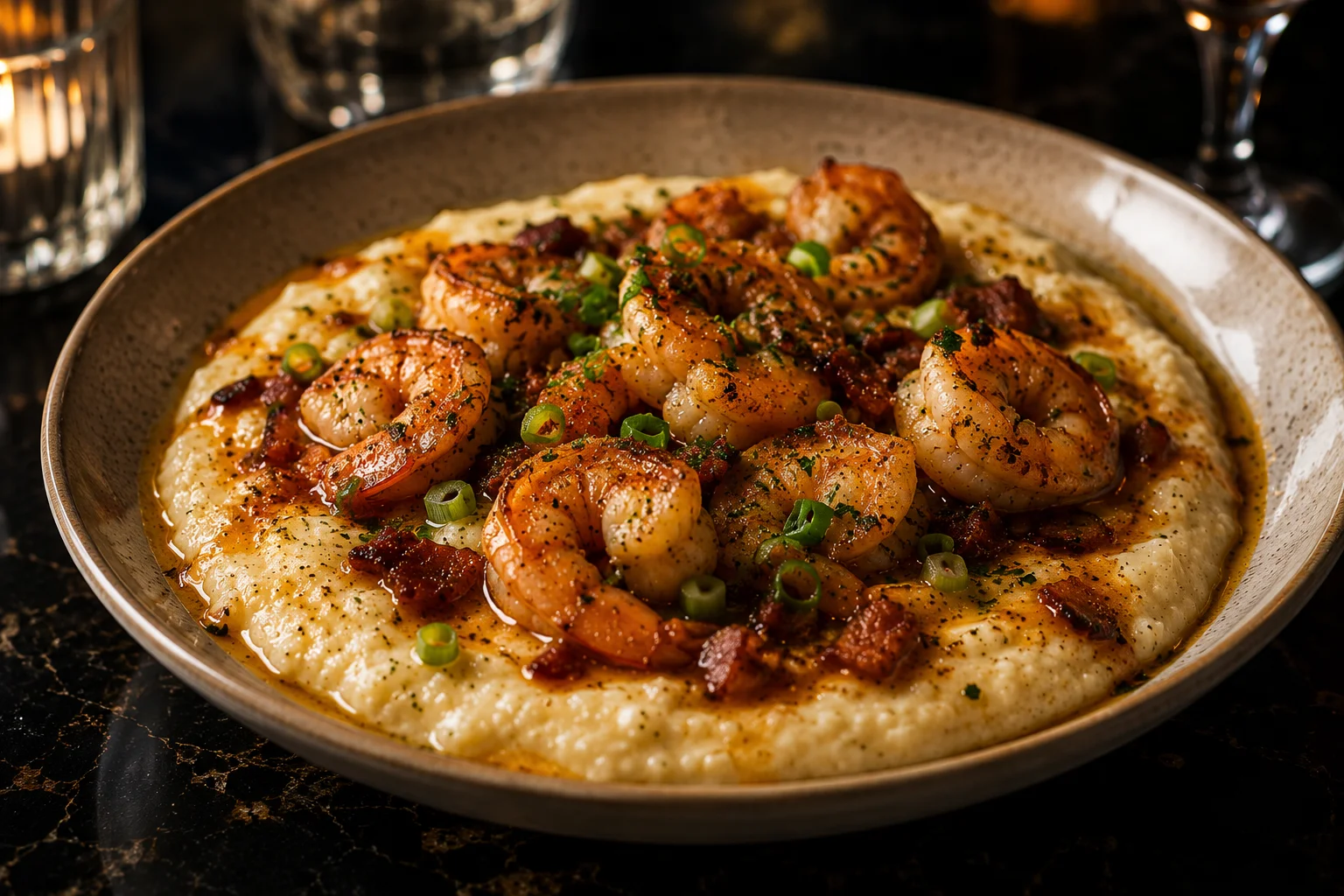 A beautifully plated dish featuring shrimp served on a bed of creamy grits, garnished with green onions and crispy bacon bits.