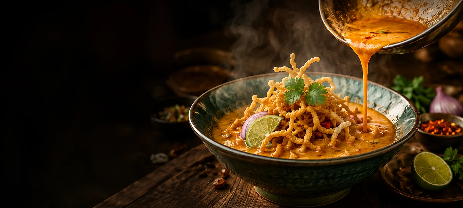 Bowl of Thai Khao Soi with crispy noodles and lime