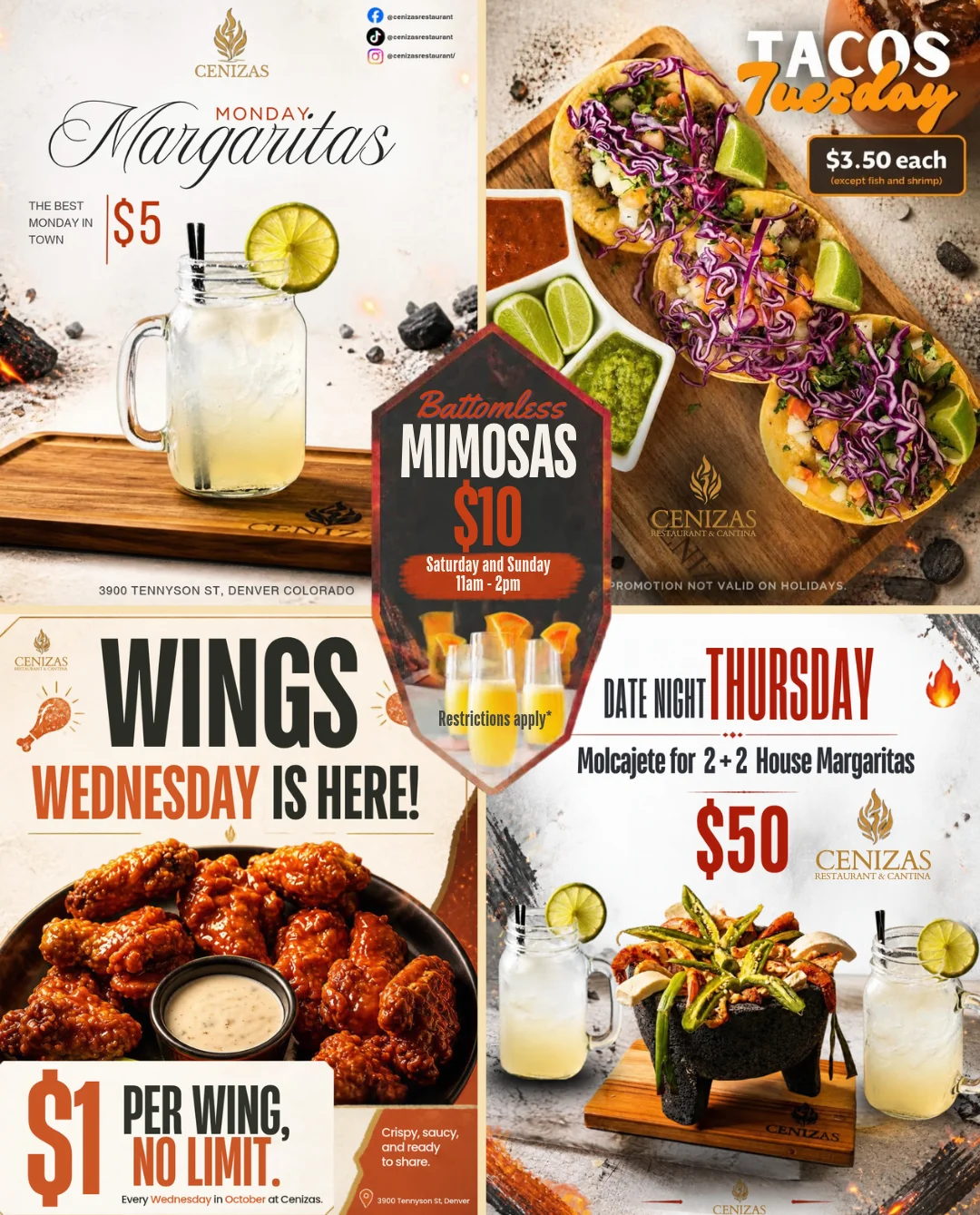 Restaurant promotional collage featuring tacos, margaritas, wings, and molcajete