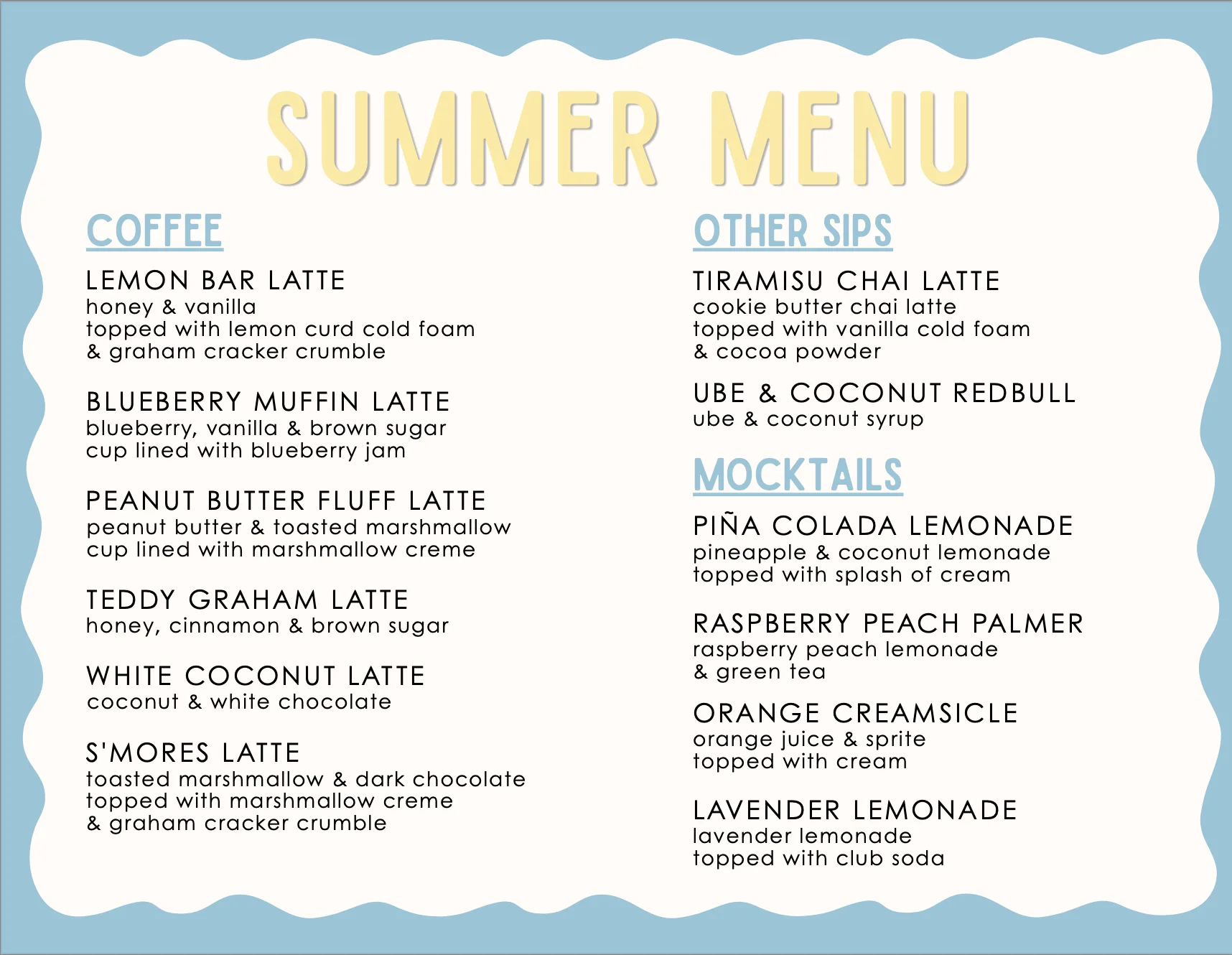 Colorful summer menu featuring unique coffee and mocktail drinks
