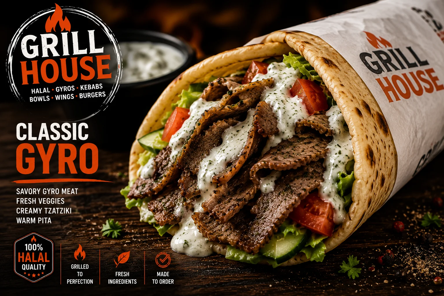 A classic gyro wrapped in pita, filled with savory gyro meat, fresh veggies, and creamy tzatziki sauce.