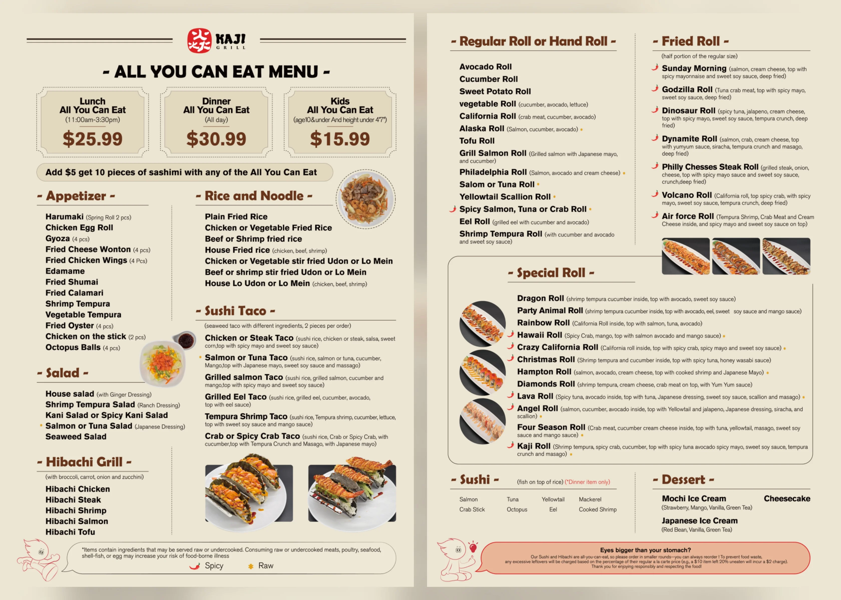 All-you-can-eat Japanese sushi menu with various rolls and dishes