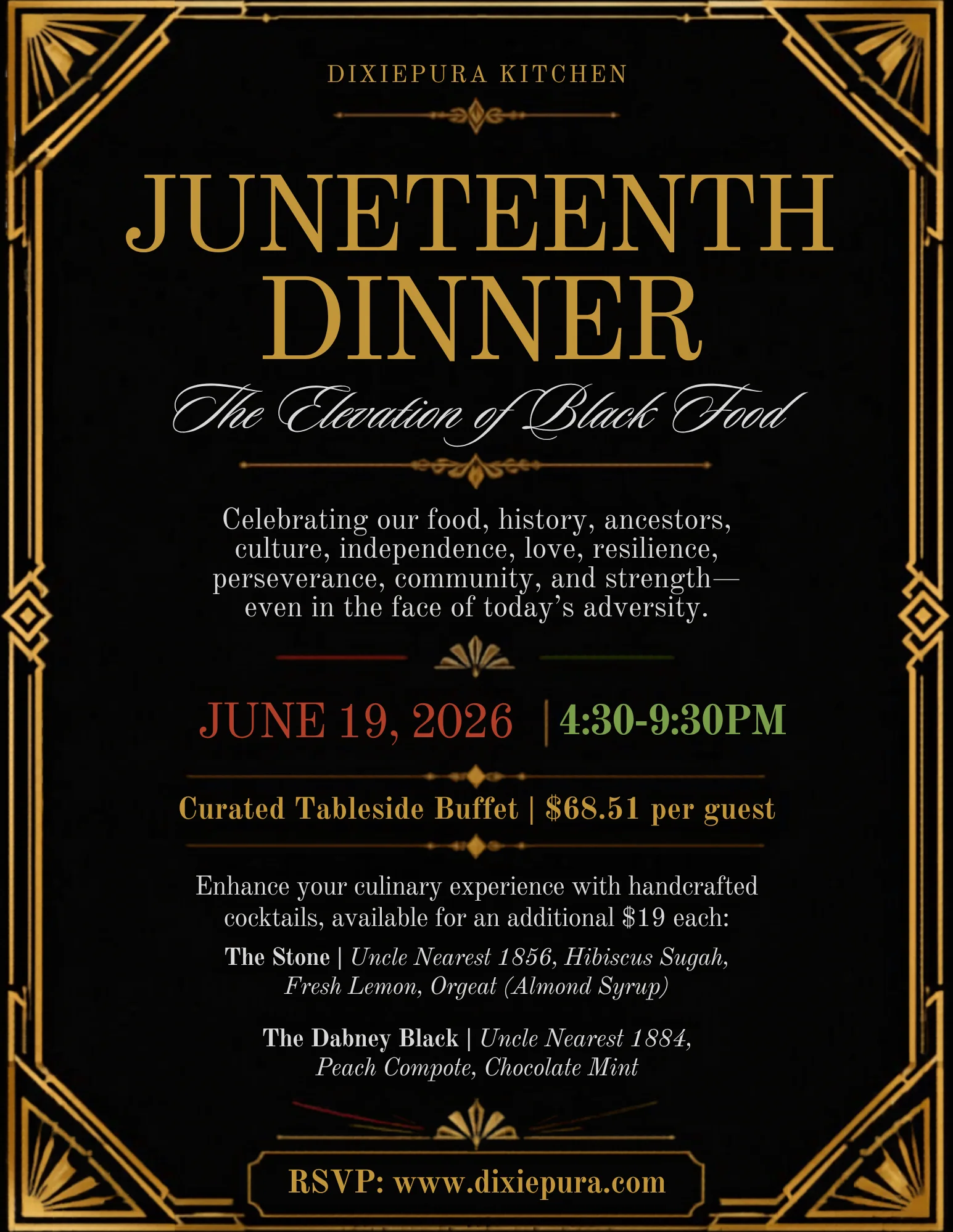 DixiePura Kitchen Sunday Dinner event flyer featuring chefs and details.