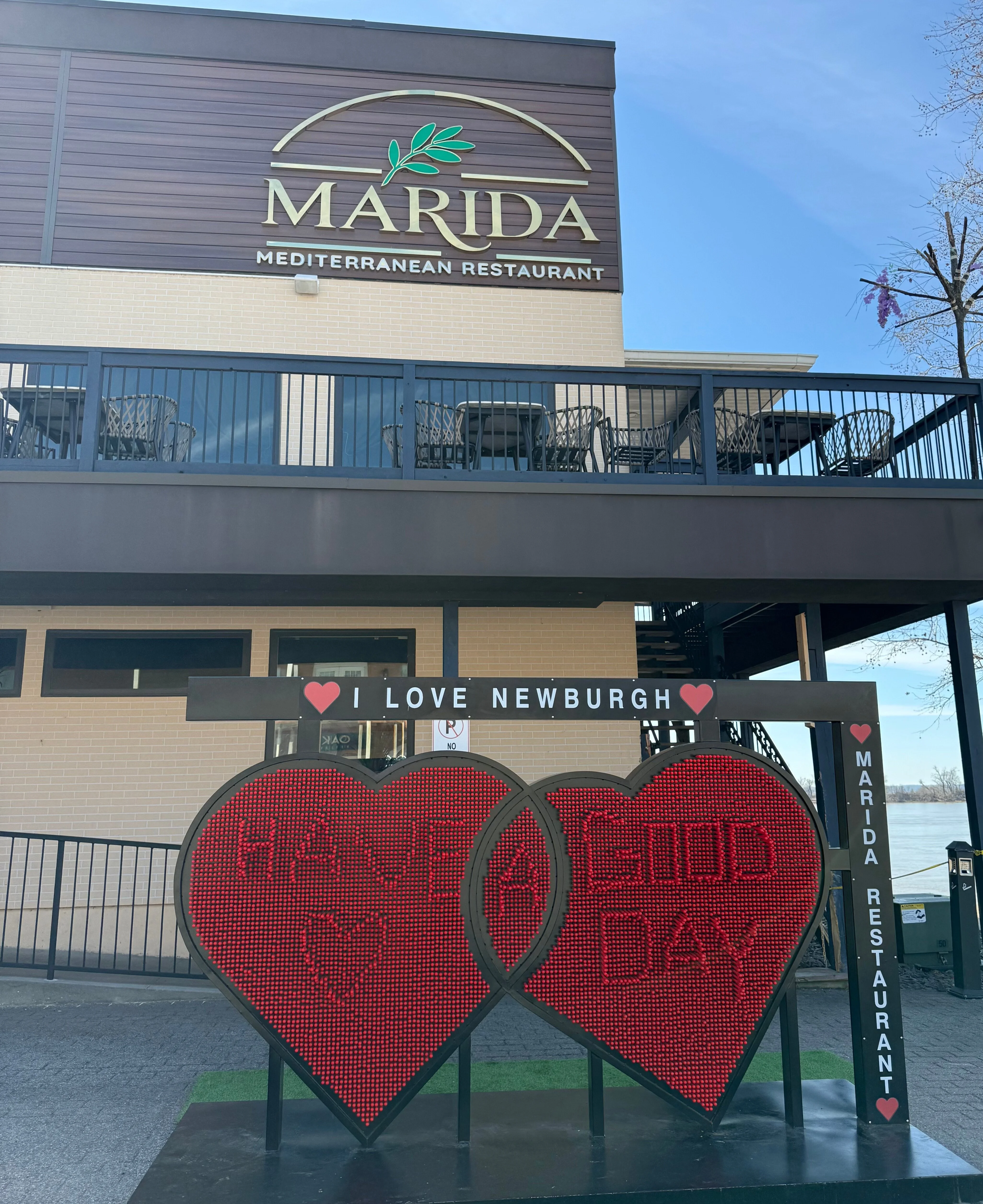 Exterior of Marida Mediterranean Restaurant with heart sign in Newburgh