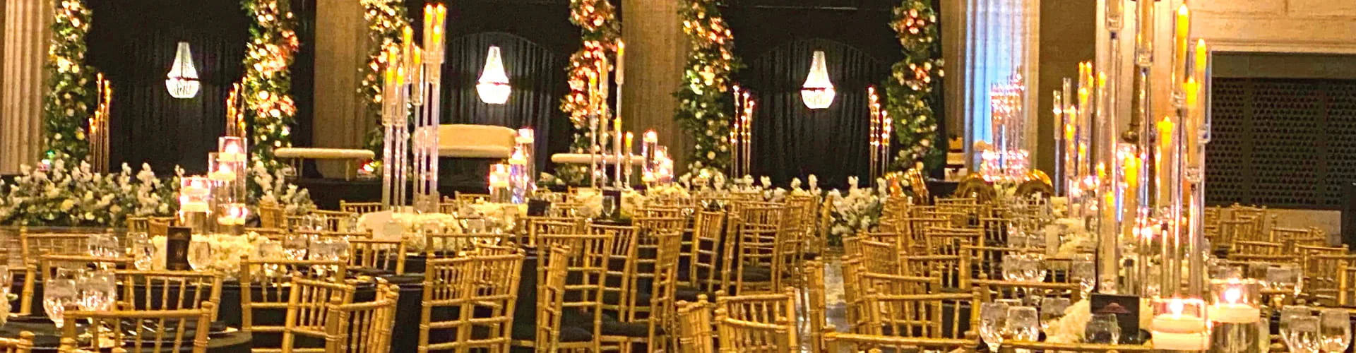 Banner promoting event services with elegant decor and food presentation.