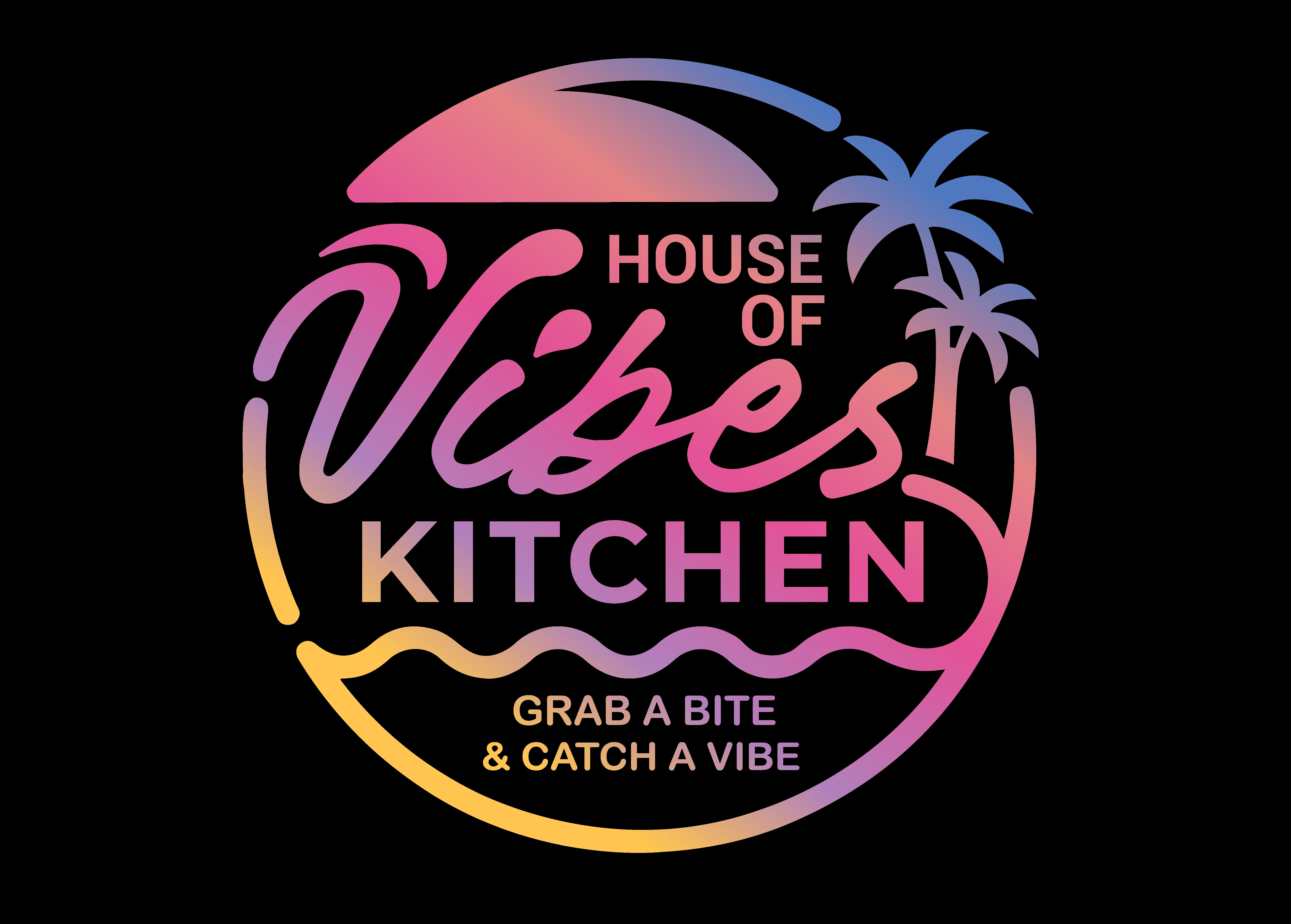 A colorful logo for 'House of Vibes Kitchen,' featuring palm trees and a vibrant gradient design.