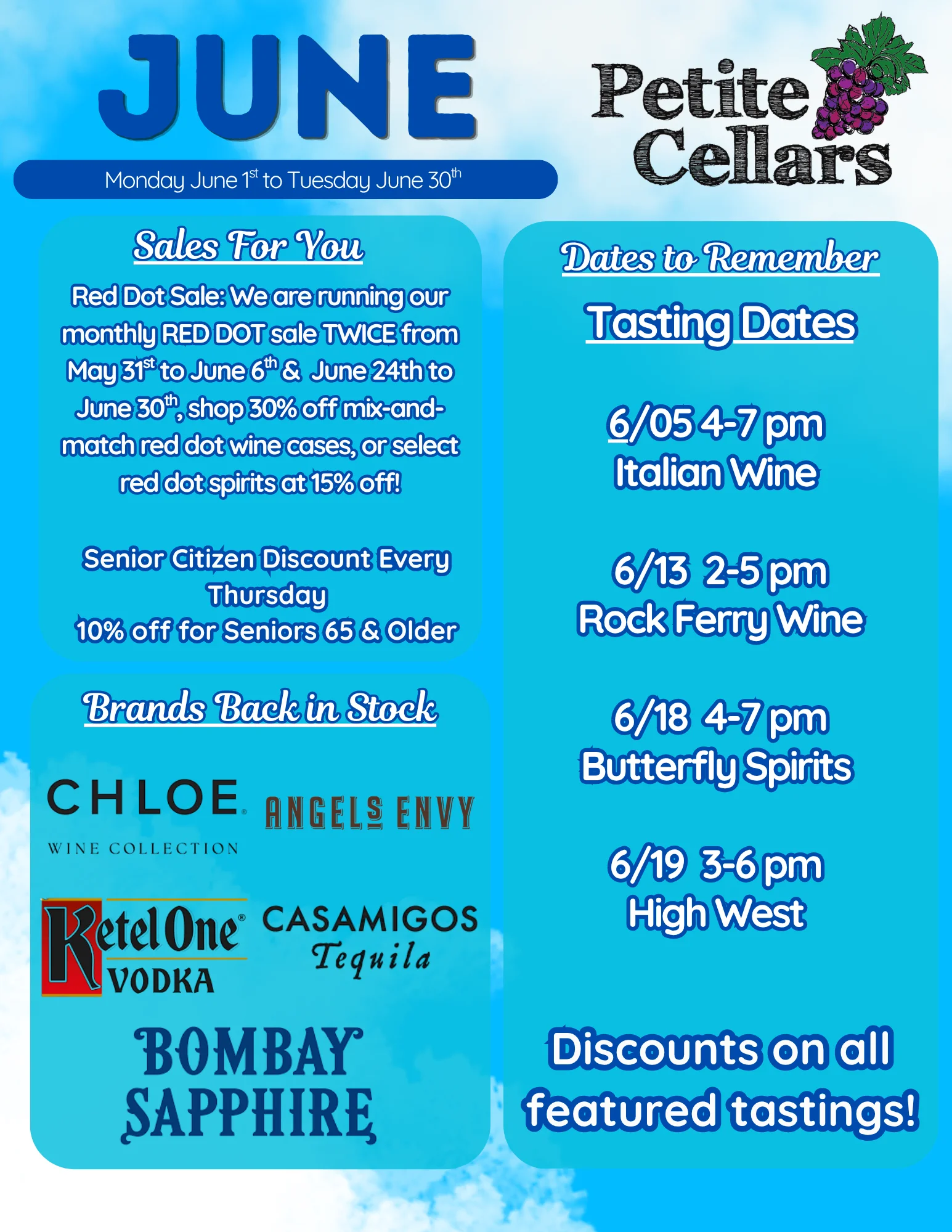 Promotional flyer for June wine and spirit tastings at Petite Cellars