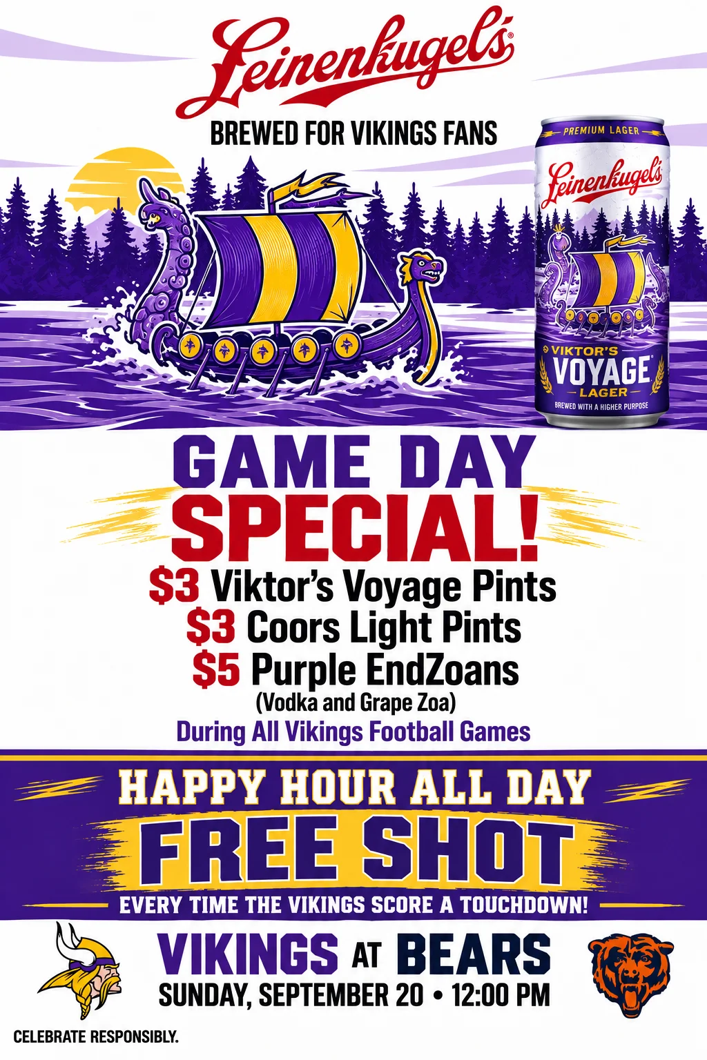 Promotional poster for Vikings game day specials with beer and cocktails