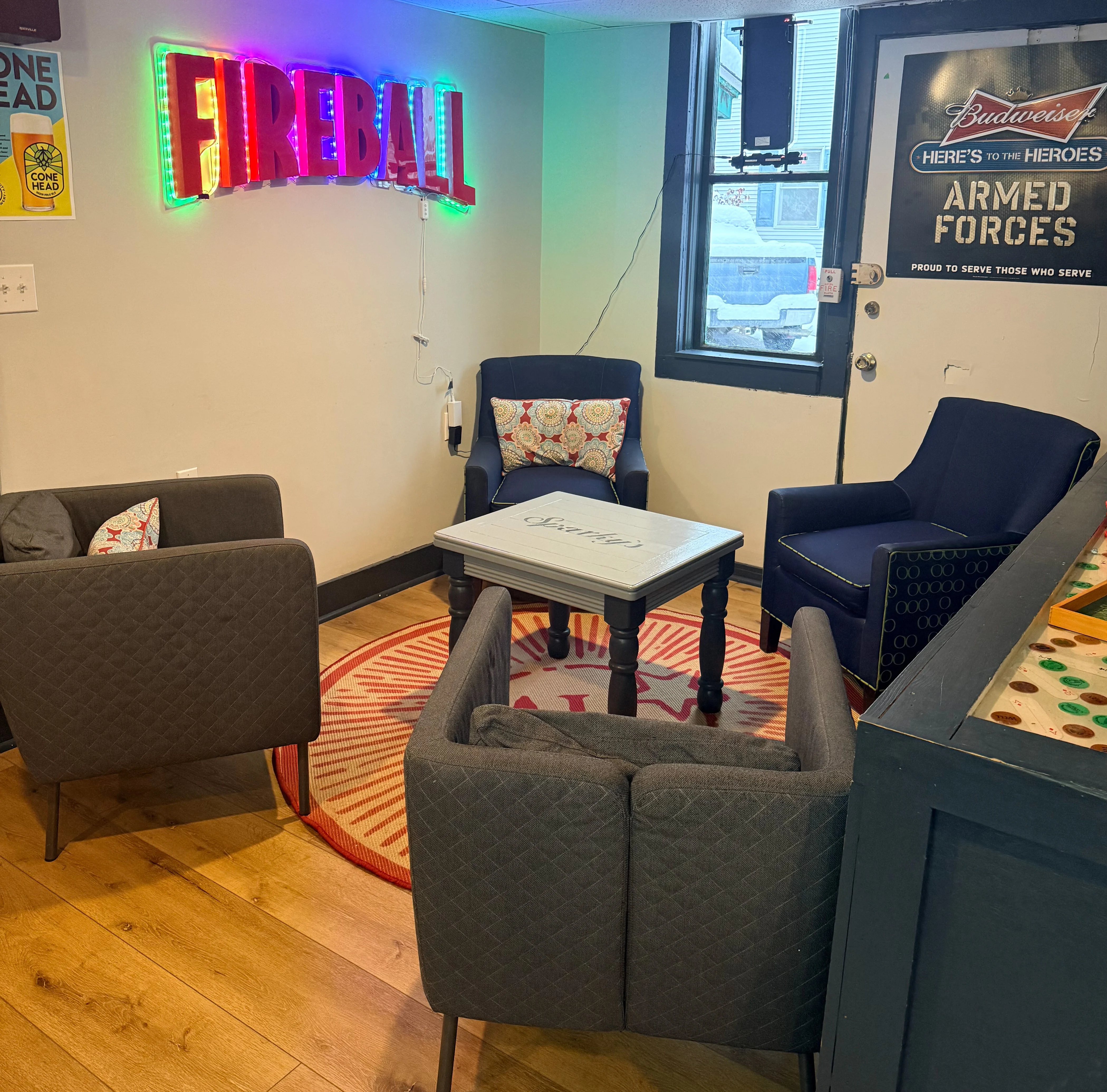 Cozy restaurant seating area with colorful decor