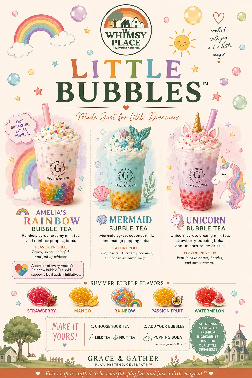 A vibrant menu showcasing colorful bubble tea options aimed at children, featuring playful names and a whimsical design with splashes of color and fun elements.