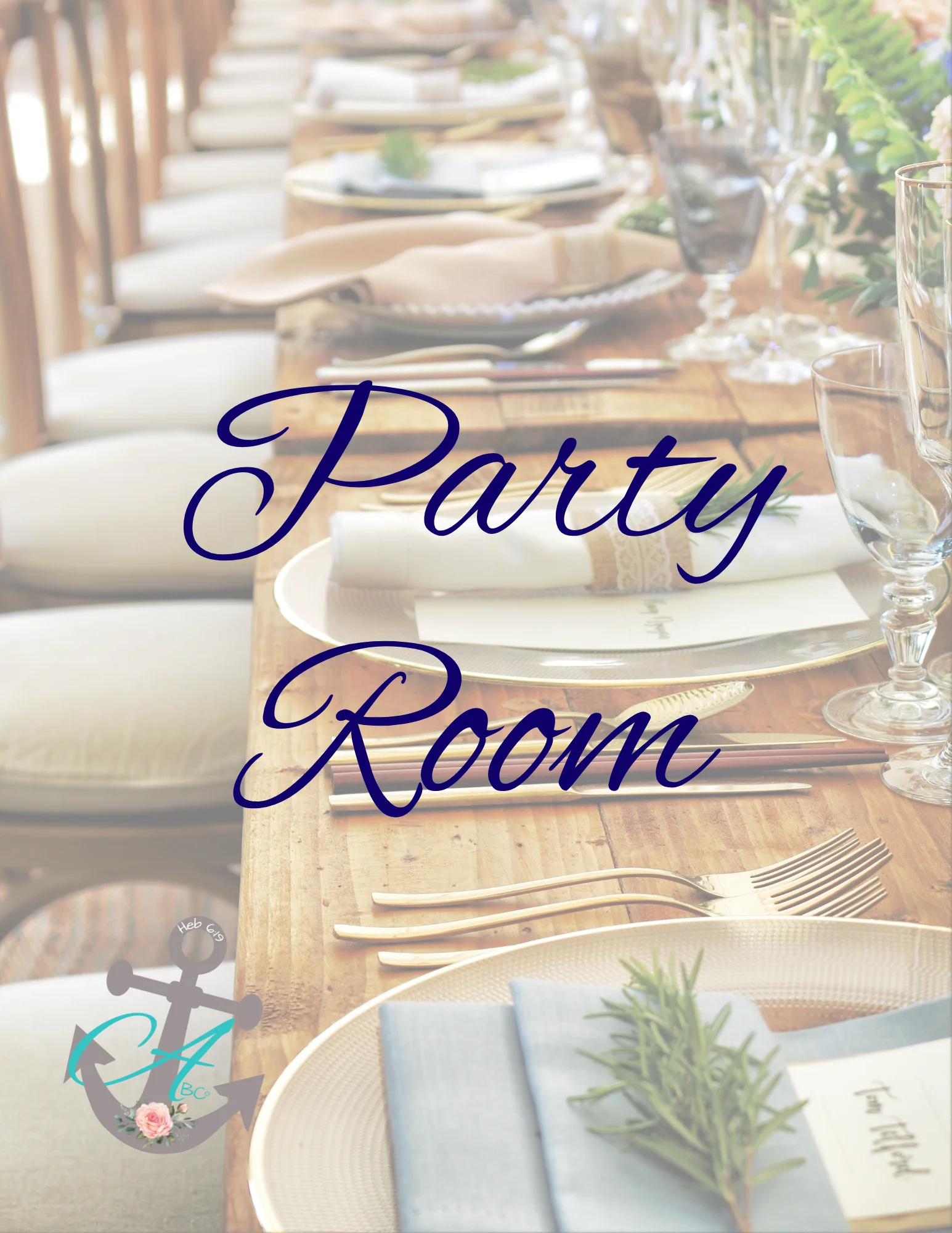 Elegant party room setup with rustic wooden table and fine dining decor