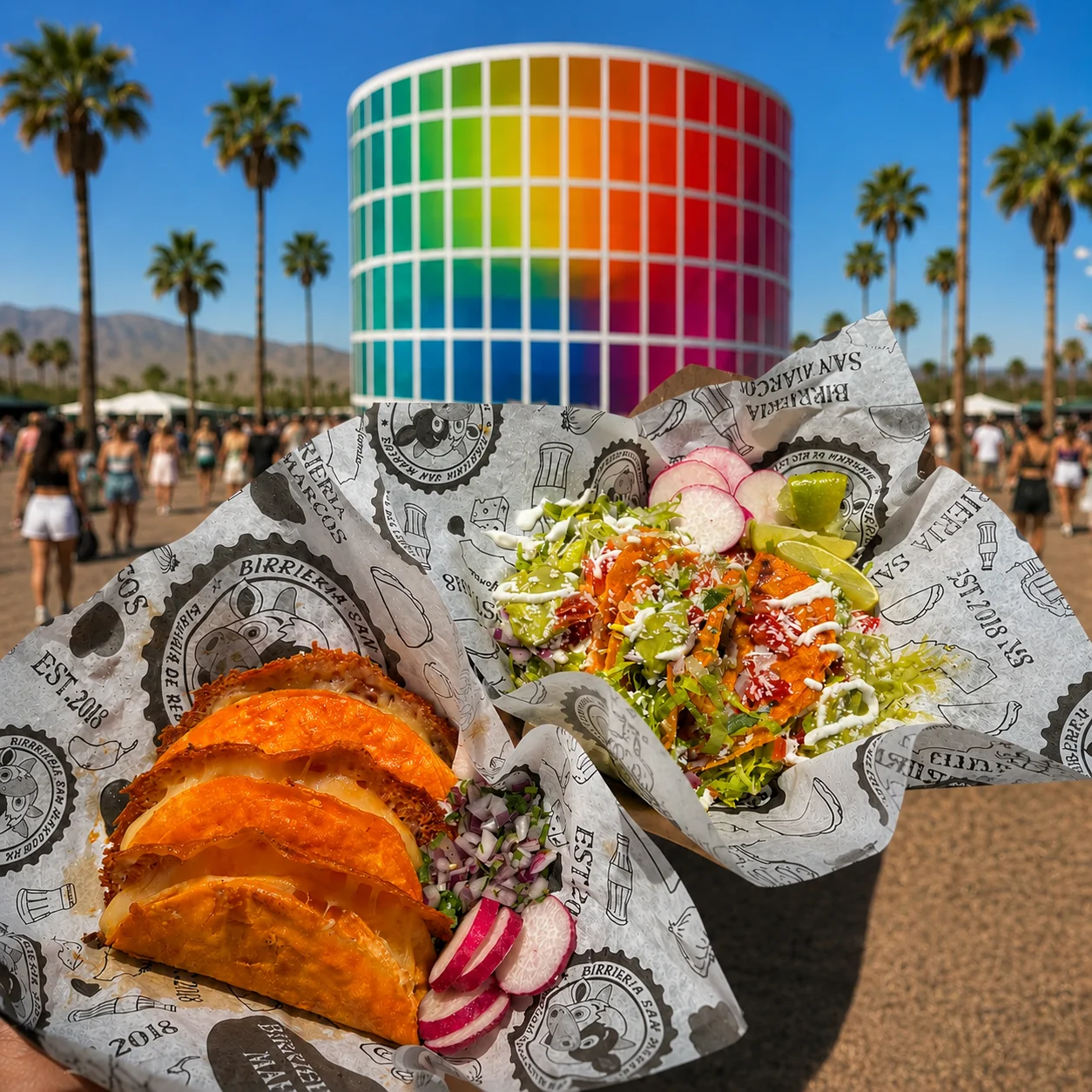 Colorful street tacos and salad at a vibrant outdoor festival