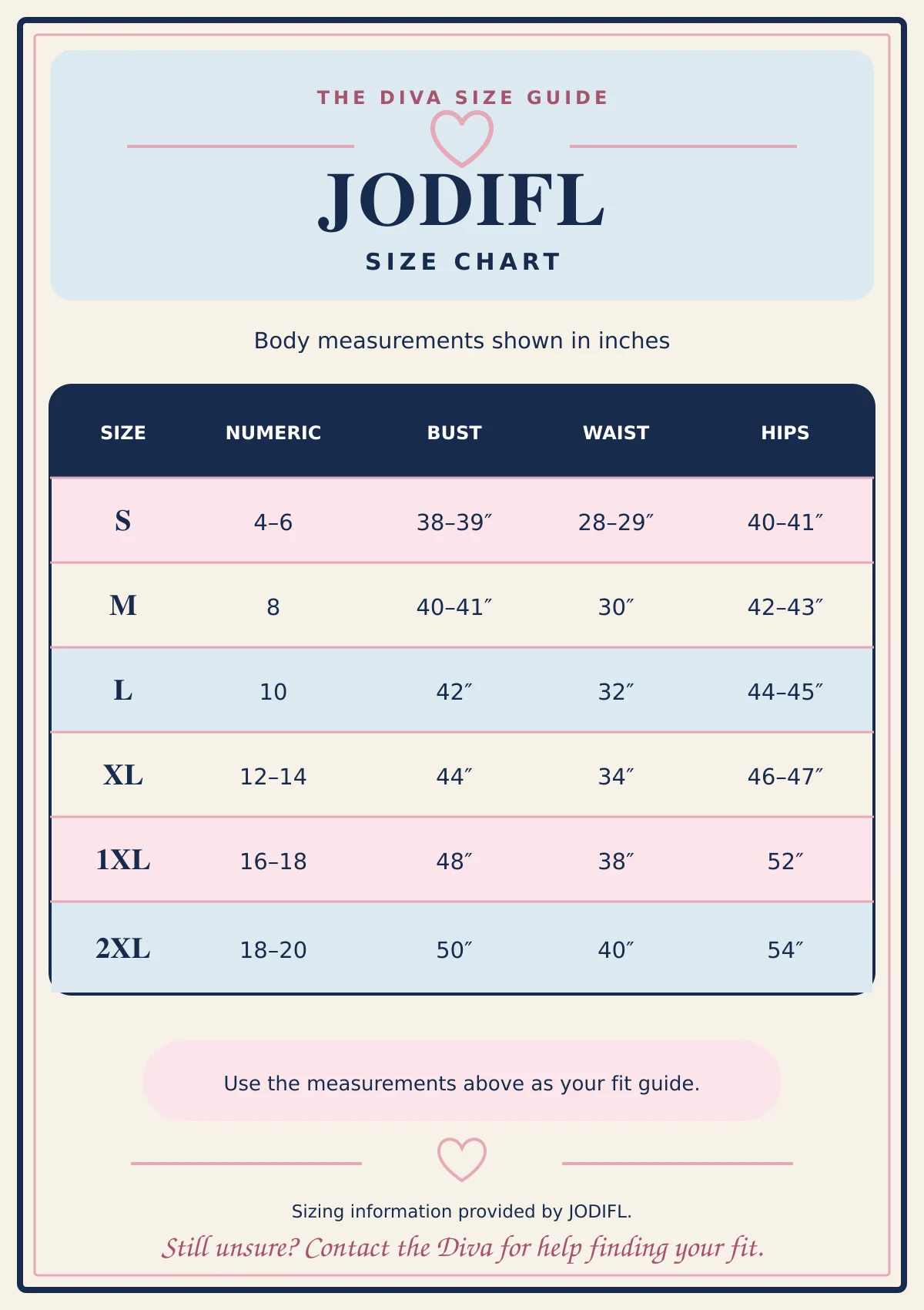 JODIFL size chart for women's clothing measurements