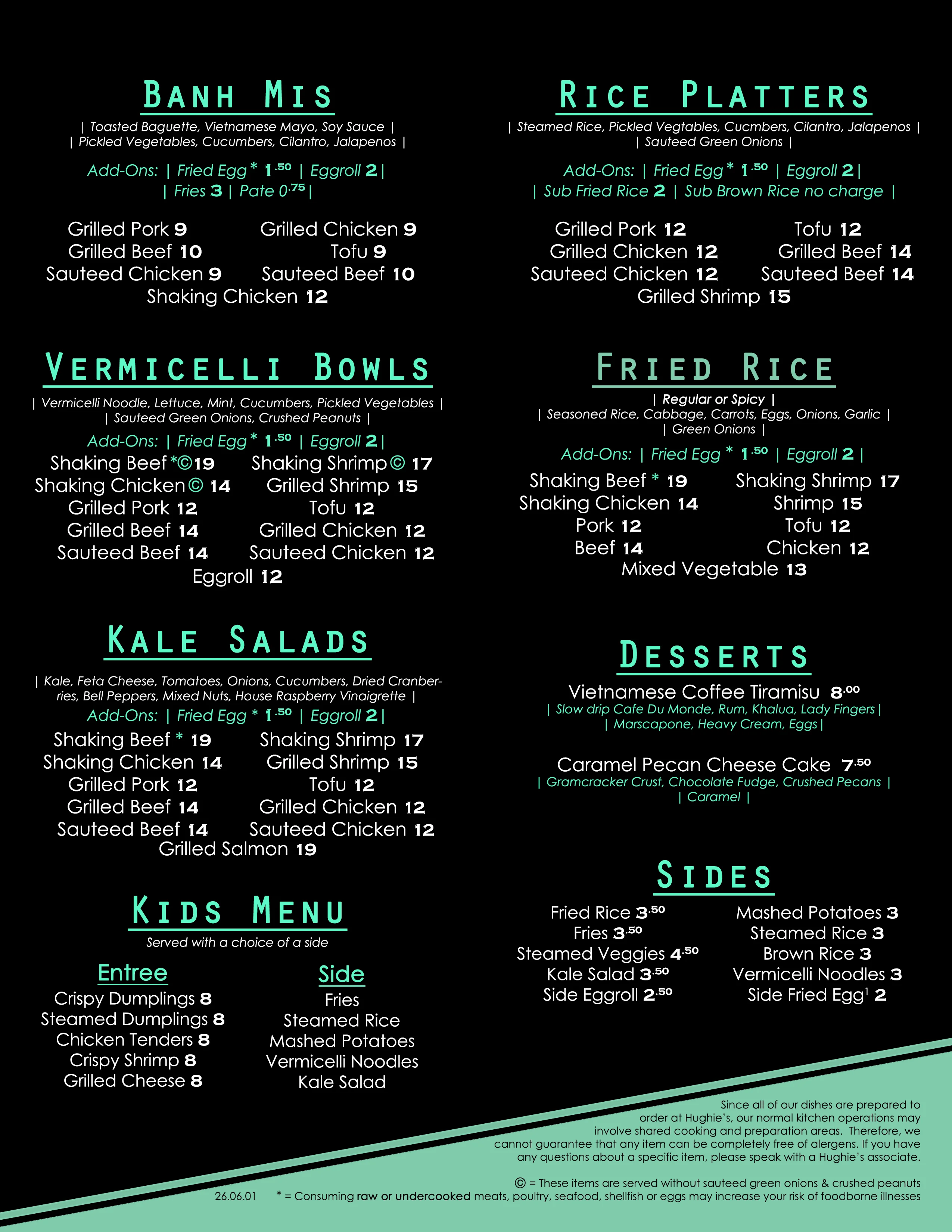 Vietnamese menu featuring banh mi, rice platters, and vermicelli bowls