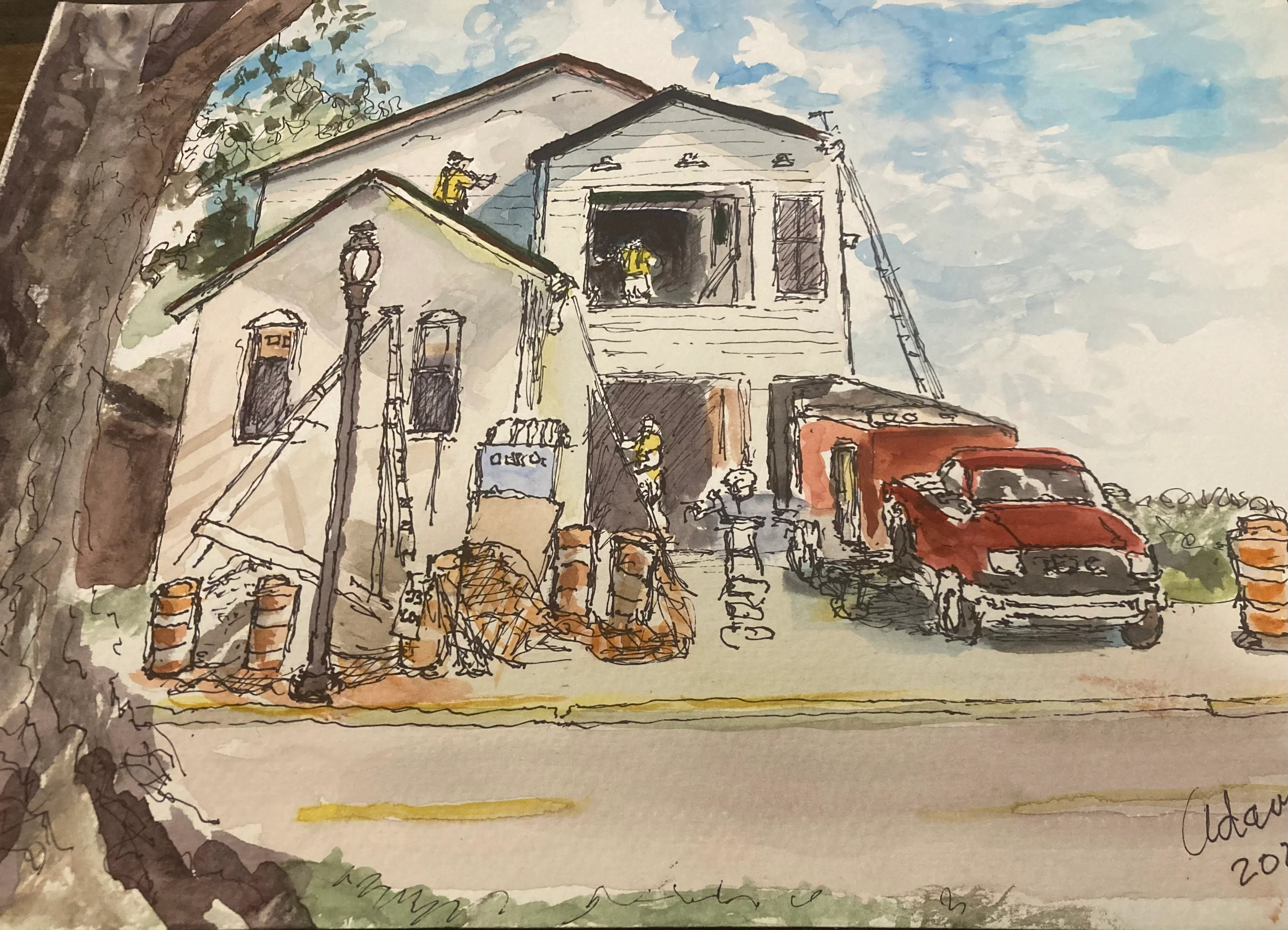 Watercolor painting of a house renovation with workers and a red truck