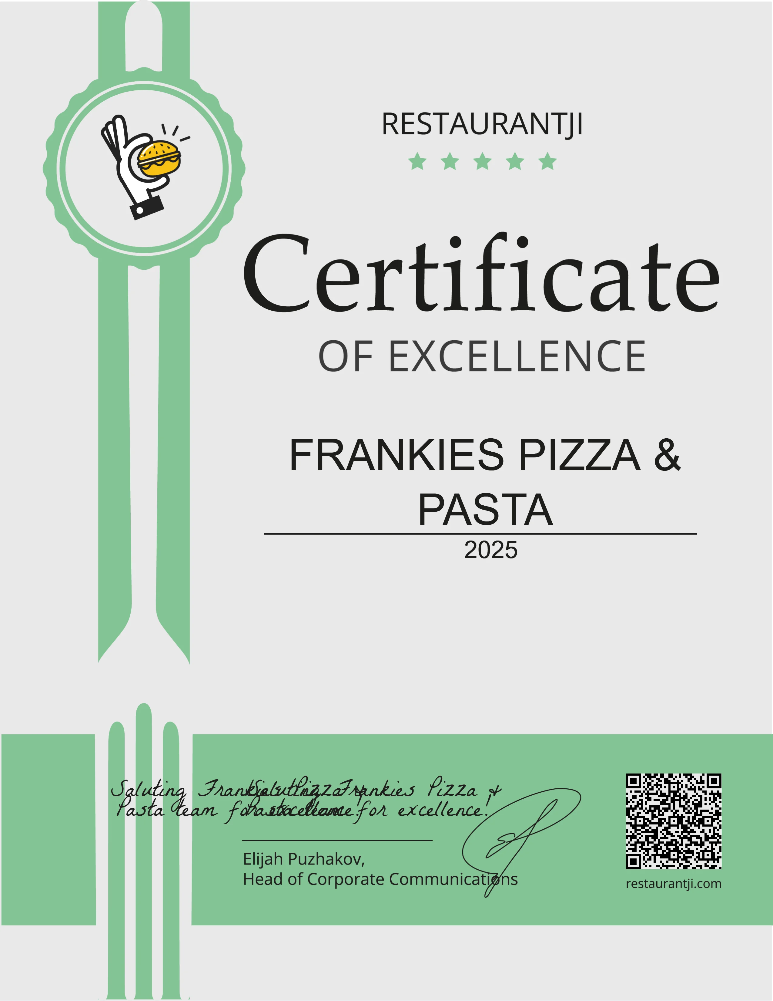 Certificate of Excellence for Frankies Pizza & Pasta 2025