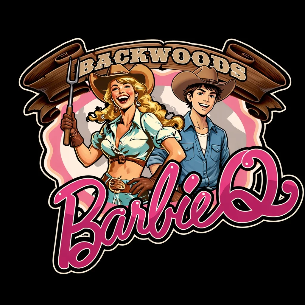 A colorful logo featuring two characters in cowboy attire, presenting a fun take on a barbecue theme.
