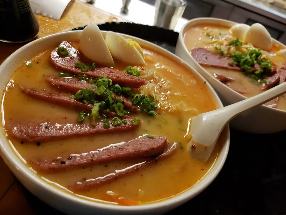 Hawaiian spam ramen with soft-boiled eggs and green onions