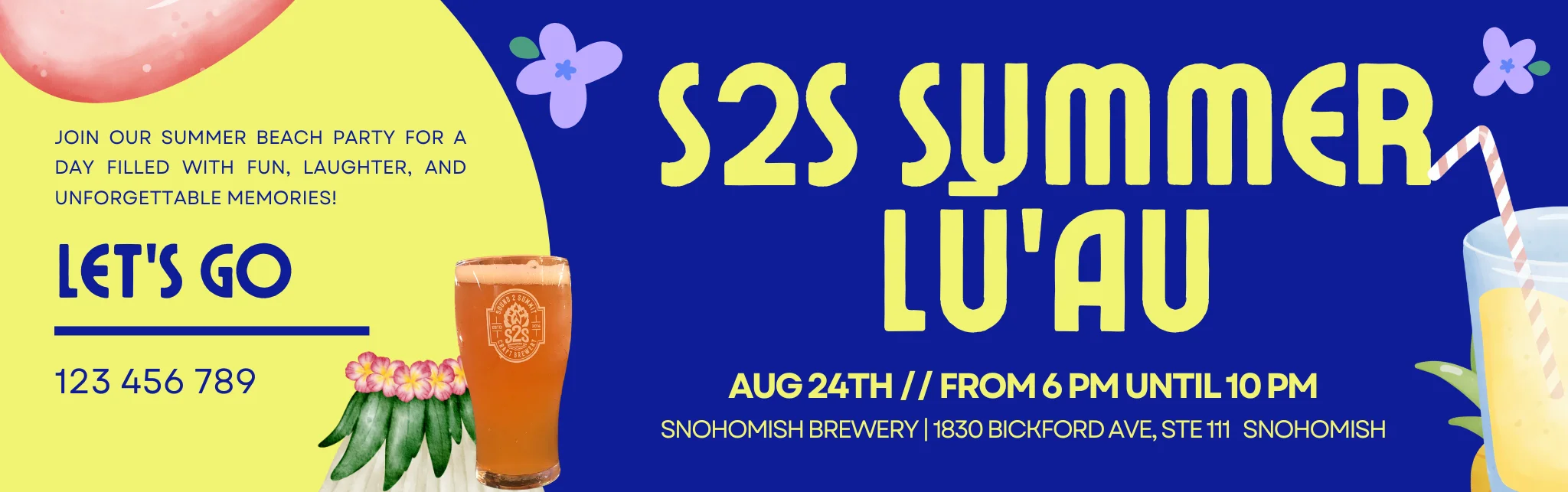 S2S Summer Lu'au beach party invitation with drinks and vibrant colors
