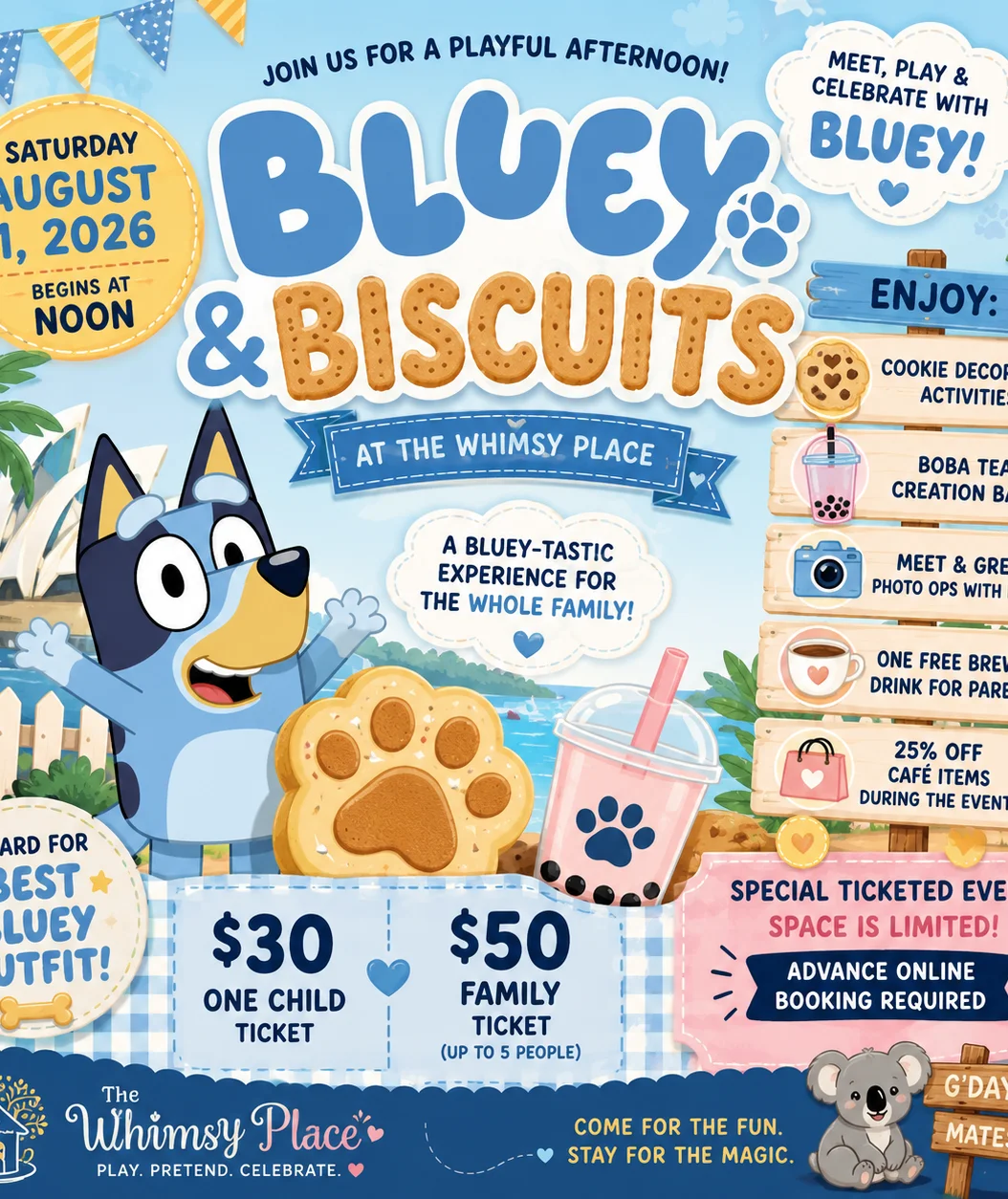 An event flyer for a 'Fire Marshal Pup Meet & Greet', detailing activities like a Dino Rescue Discovery, boba tea creation, and open play. The event is scheduled for September 5, 2026.